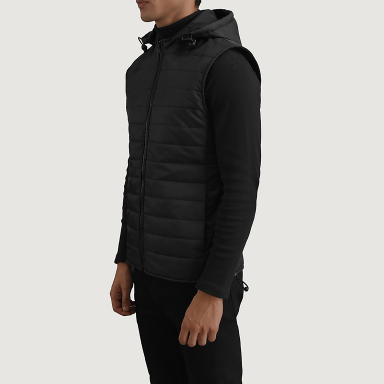 Men_s Carlo Black Hooded Puffer Vest Side Pose-3-1699017795855